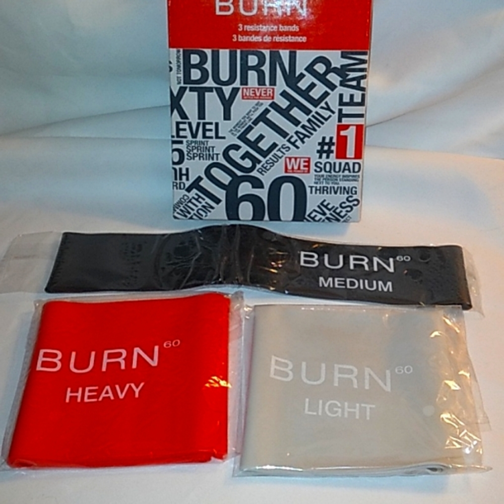 3 resistance bands from Burn 60 from Fab Fit Fun. Light, Medium and Heavy bands